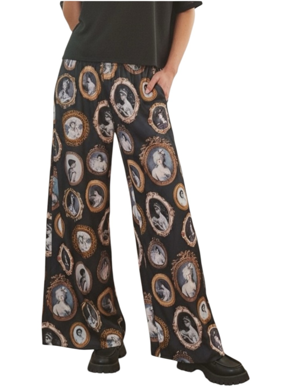 7154. Wide-Leg Portrait Print Pants - Black